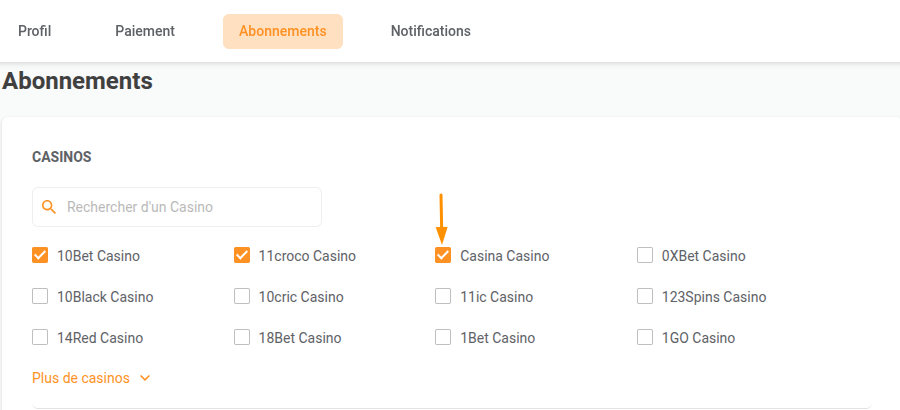 case à cocher « Ne plus suivre le casino »